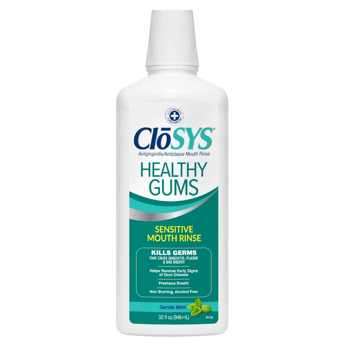 White plastic bottle with mint mouthwash liquid, 32 fl oz capacity