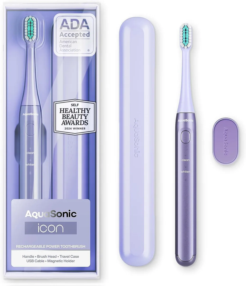 Lilac rechargeable toothbrush with magnetic holder and slim travel case