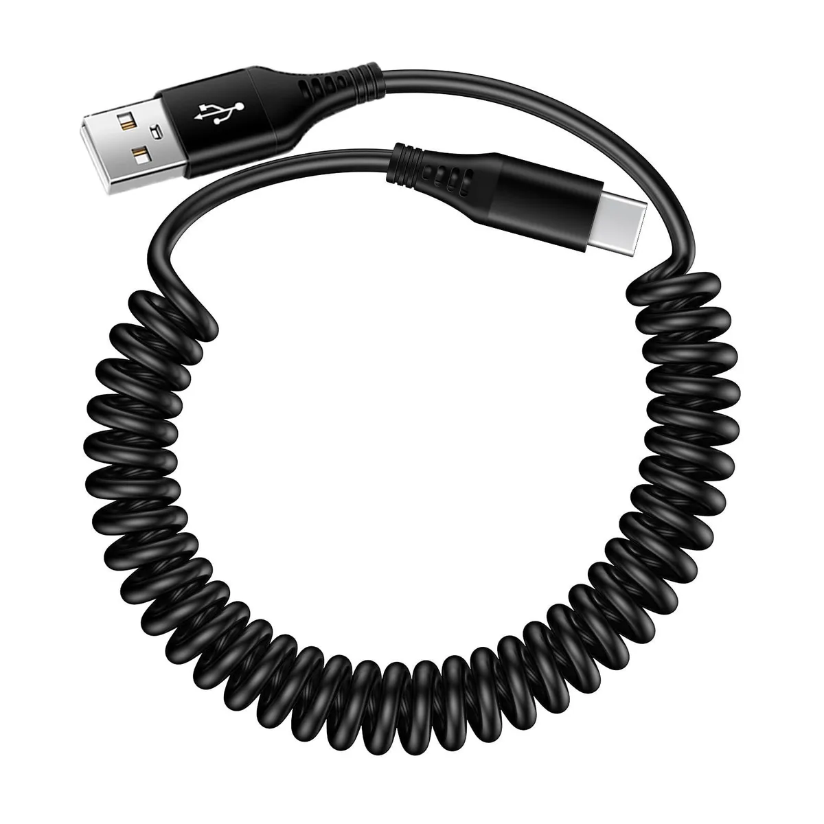 Black coiled USB-A to USB-C cable, retractable, 3ft comfortable length