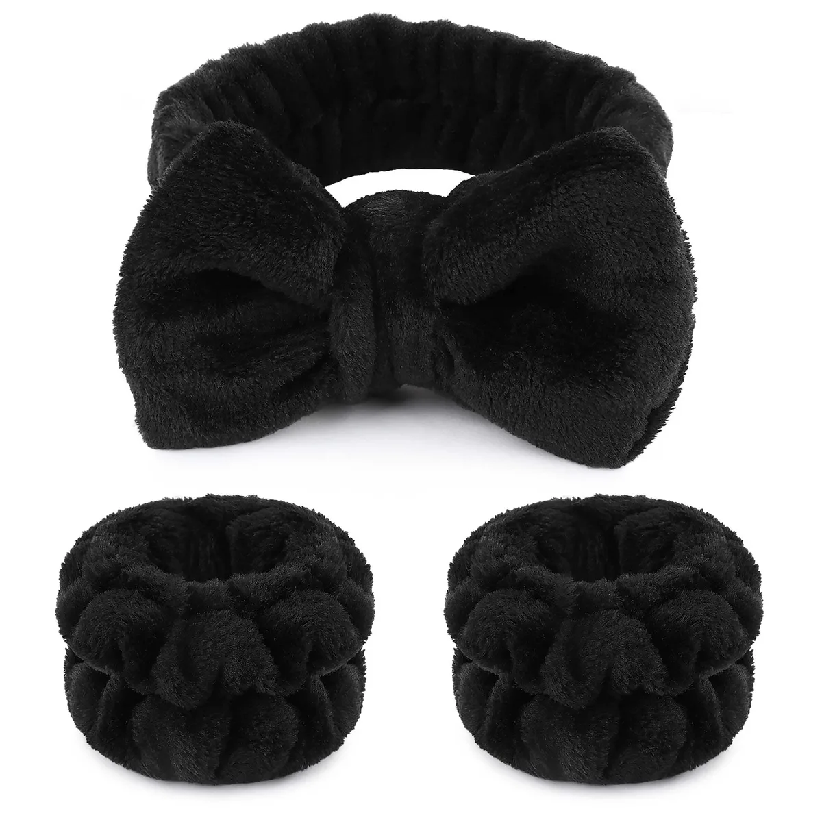 Black microfiber headband with removable bow and two matching wristbands