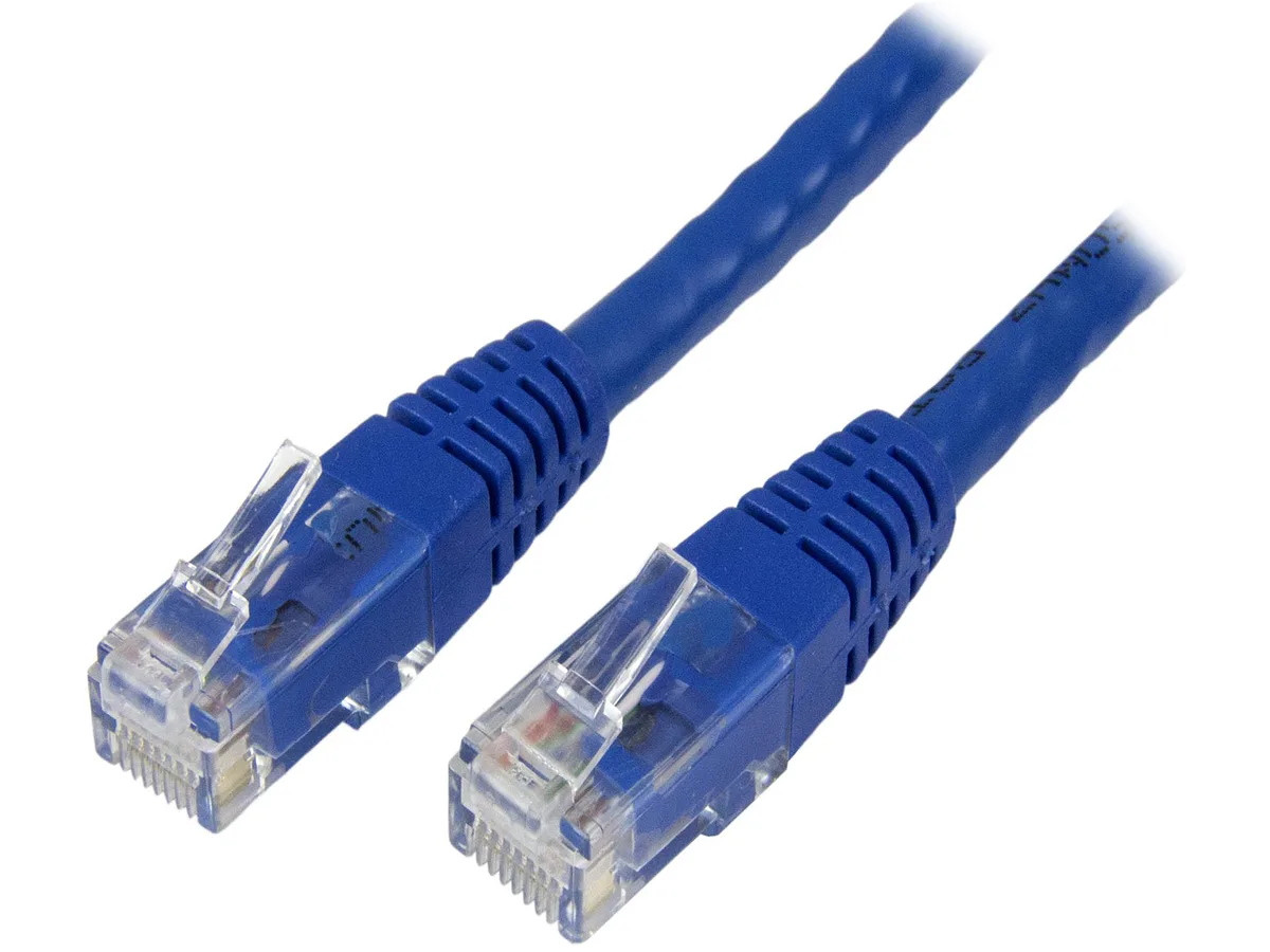 Blue moulded CAT6 patch cable with RJ45 plugs at each end, six feet long