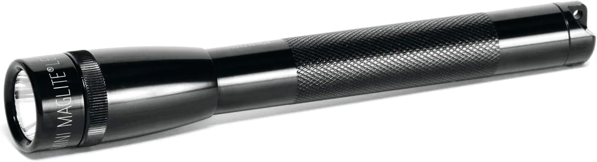 Black anodized aluminium mini flashlight with twist focus head and belt holster