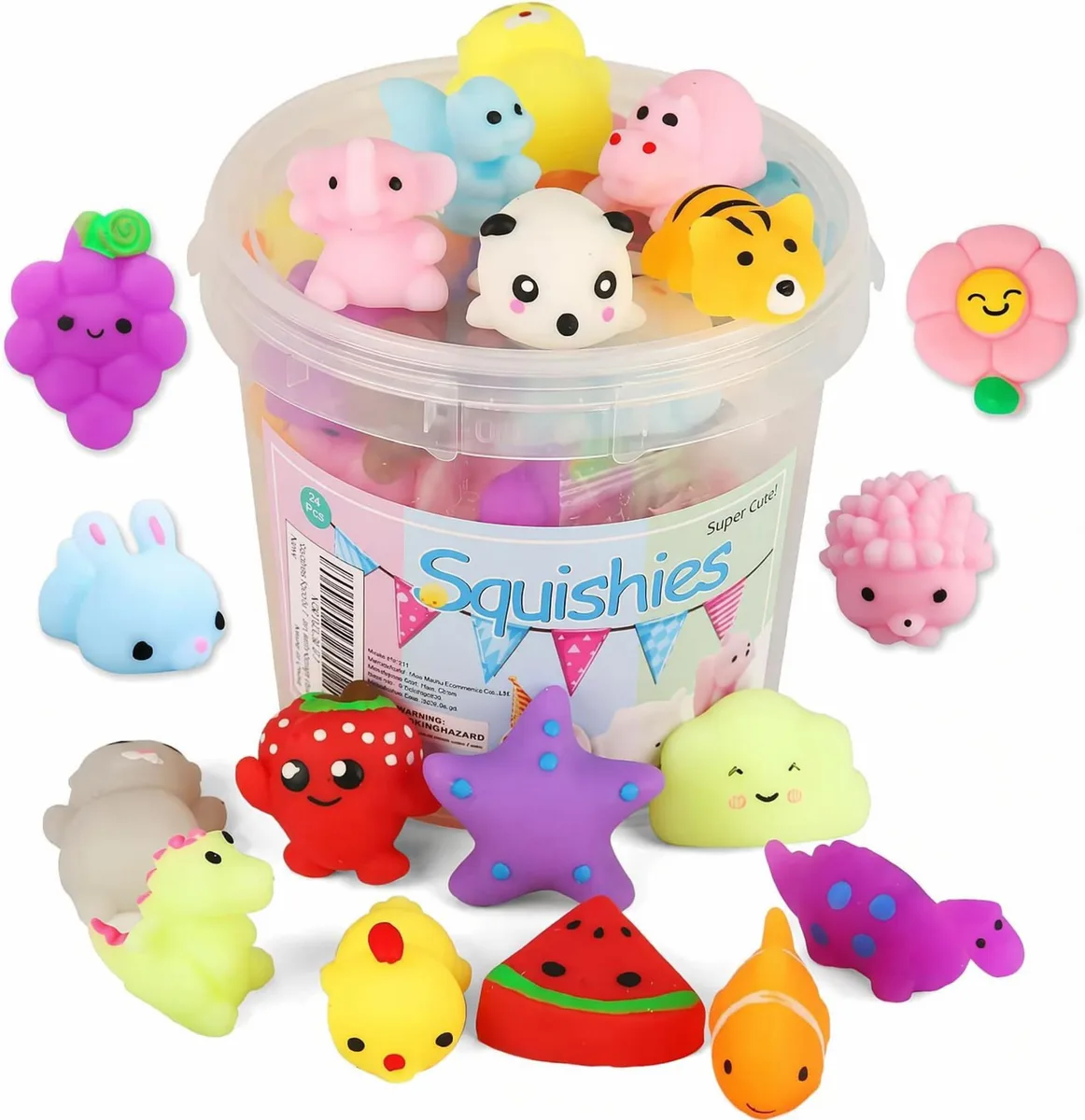 Twenty-four 1.7 inch mochi squishy toys in a storage box