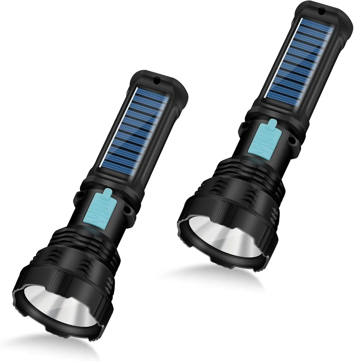 Two black handheld solar flashlights with side panels and USB ports