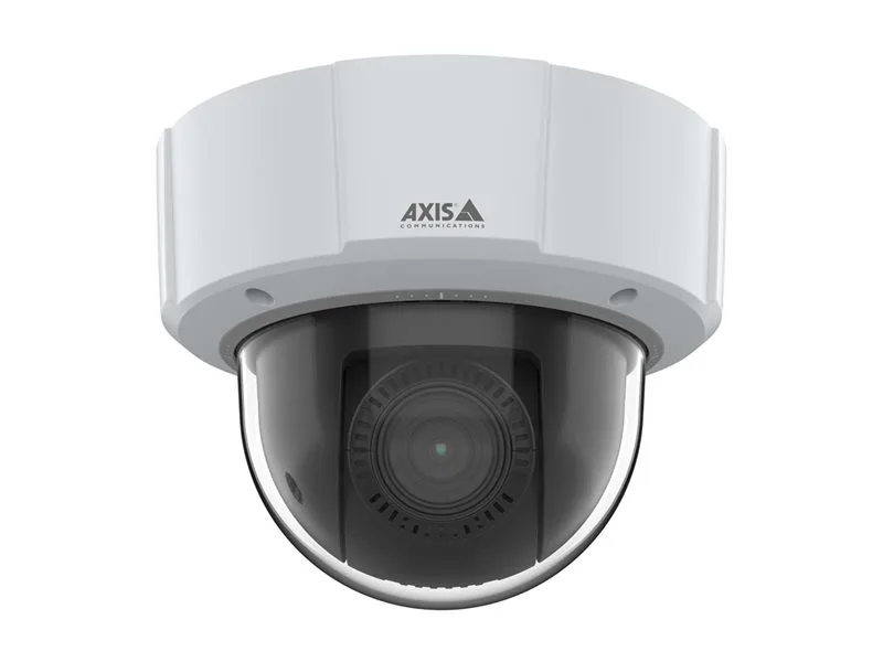 White PTZ network camera housing with clear dome cover, wall-mount bracket attached