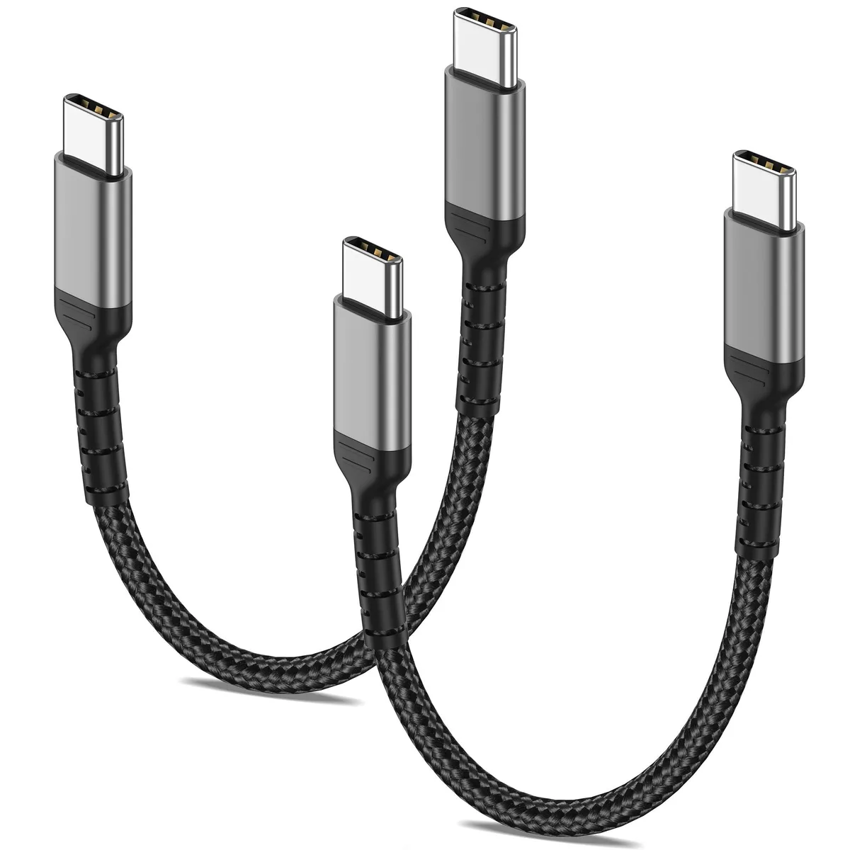Two short black braided USB-C cables with aluminum ends
