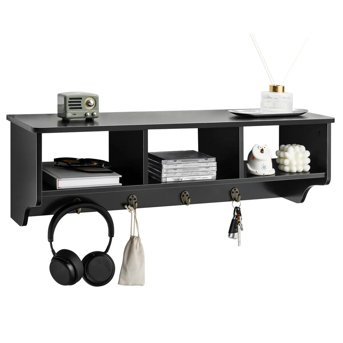 Black wooden wall-mounted coat rack with shelf and four hooks