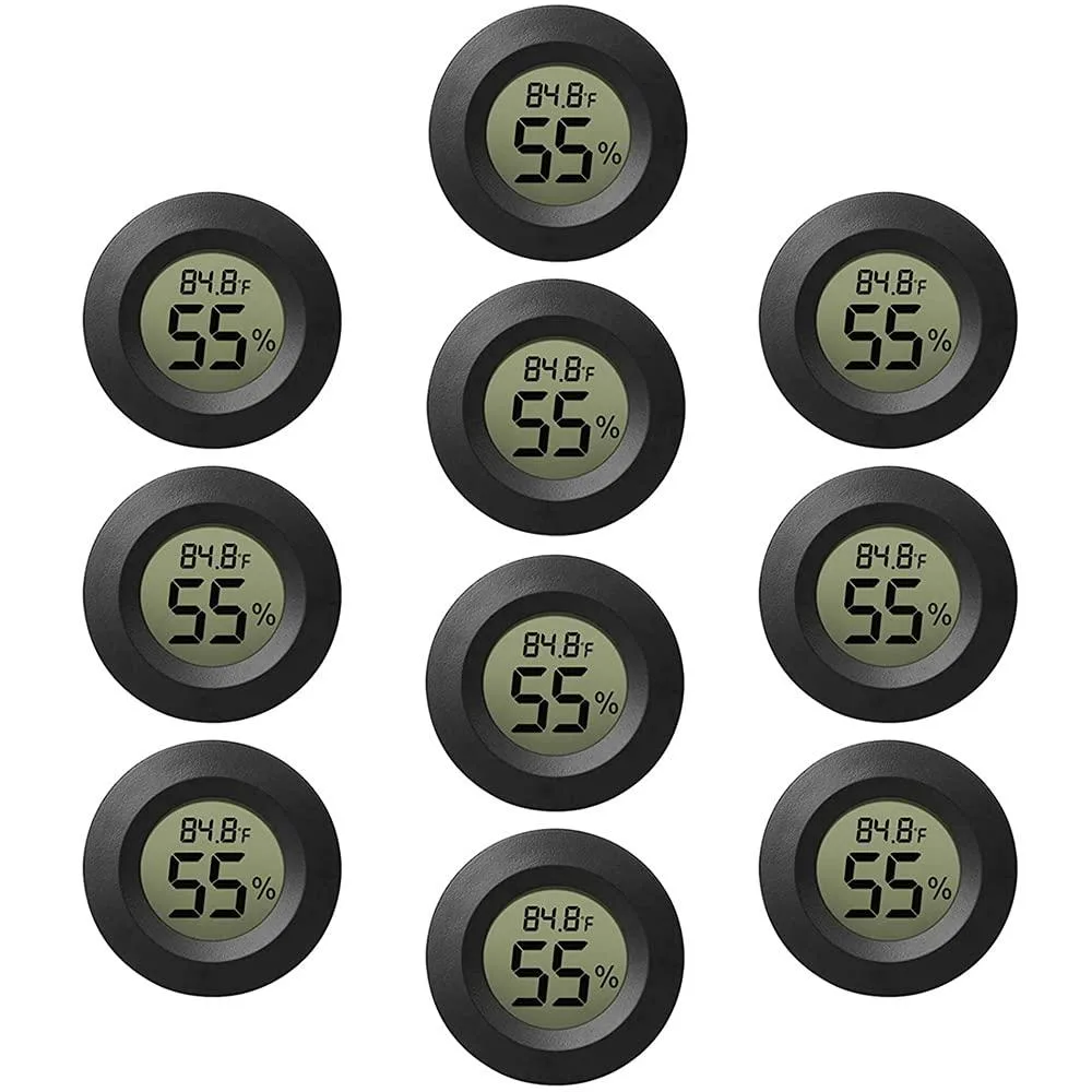 Ten small black round digital thermometer hygrometers with LCD screens