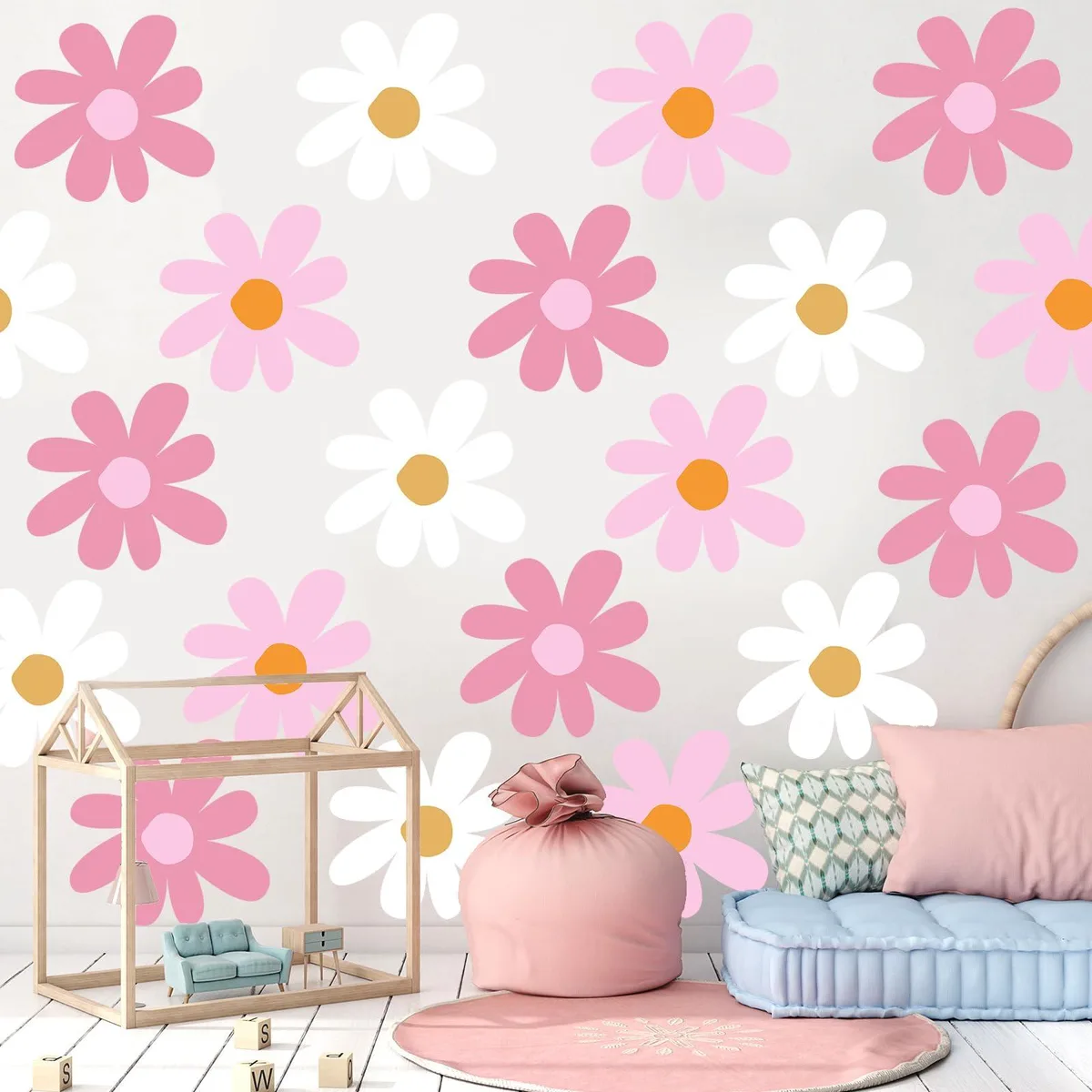 Twelve pink and white daisy vinyl decal sheets, each 30 cm square, matte finish
