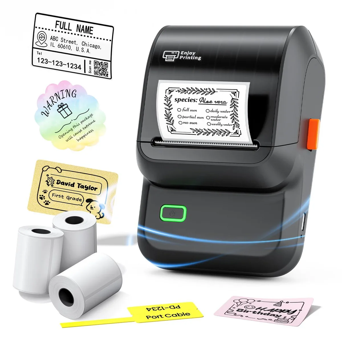 Compact black thermal label printer with three tape rolls included