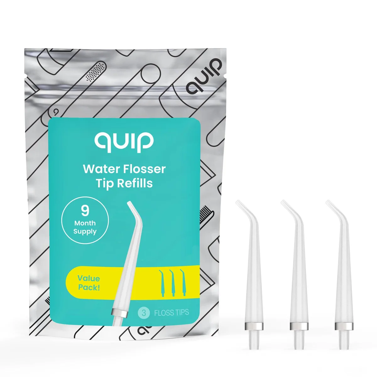 Three clear plastic water flosser tips with rotating magnetic bases