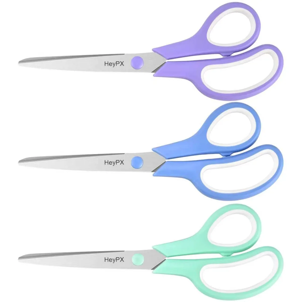 Three blue-handled 8.5 inch stainless steel scissors