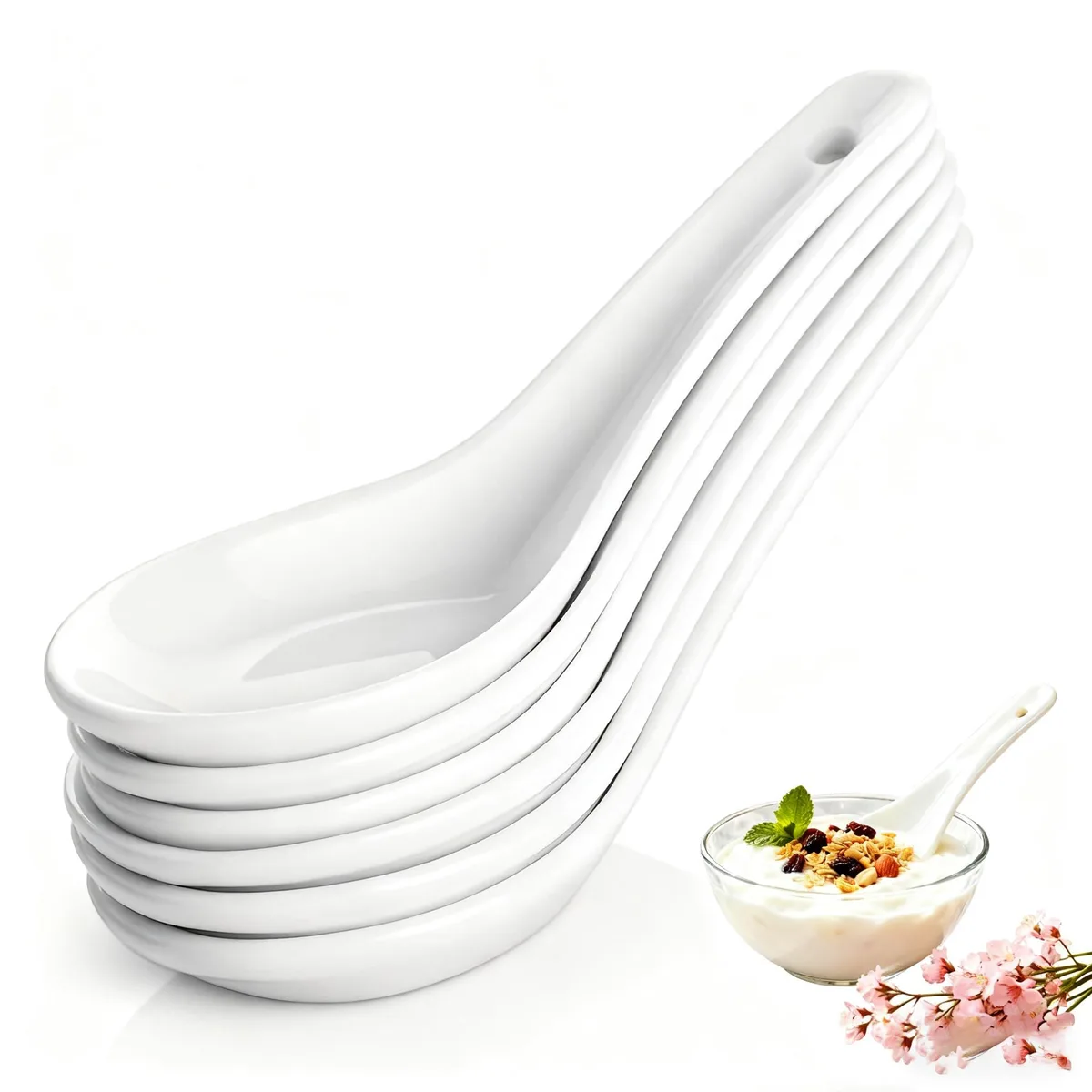Six white ceramic soup spoons, smooth glossy finish, traditional Asian shape, 5.3 inches long