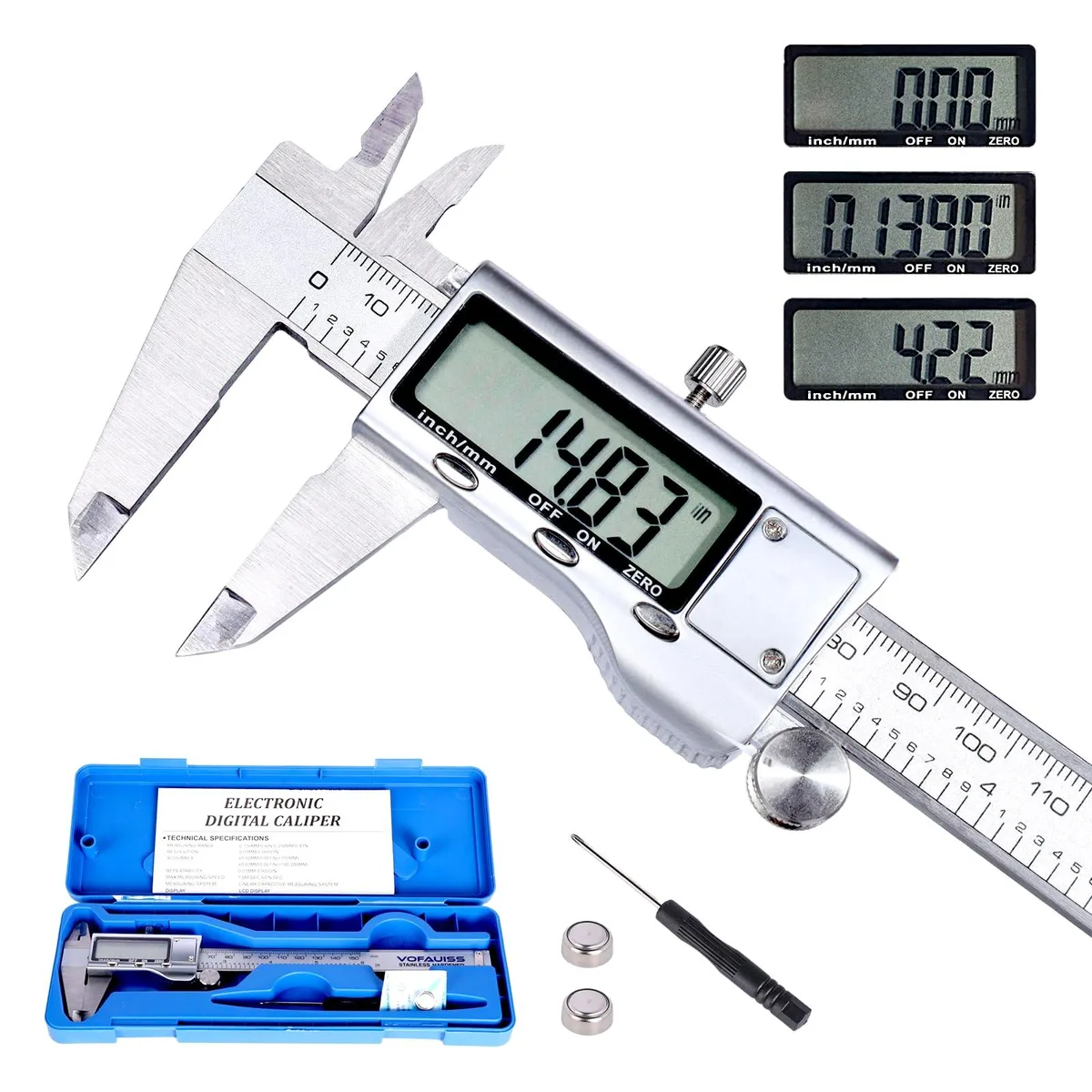 Stainless steel digital caliper with large LCD screen, IP54 splash proof, 150mm range
