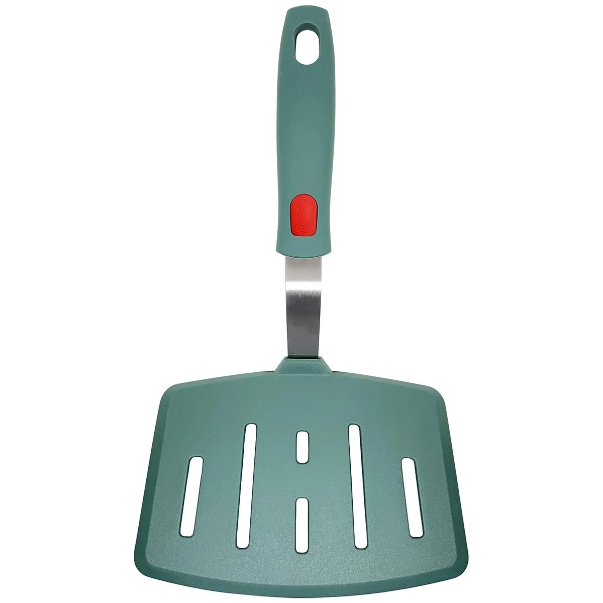 Green silicone spatula with wide slotted head and stainless steel core, 10.8 inches long