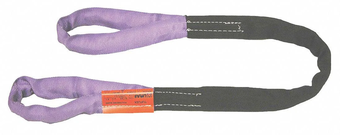 Purple polyester round sling with flat eyes, five feet long