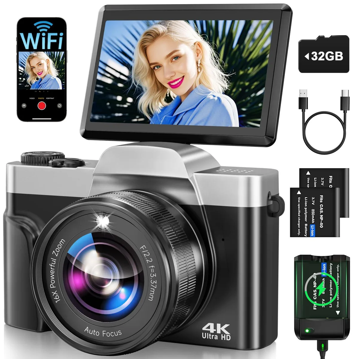  AUREAPIX DC103 Charcoal 64MP 4K 16x Digital Zoom 180° Flip Screen Point &amp; Shoot Camera — product photo