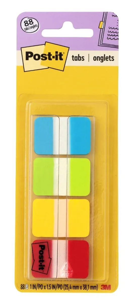 Four pads of square repositionable tabs in aqua lime yellow and red inside a dispenser