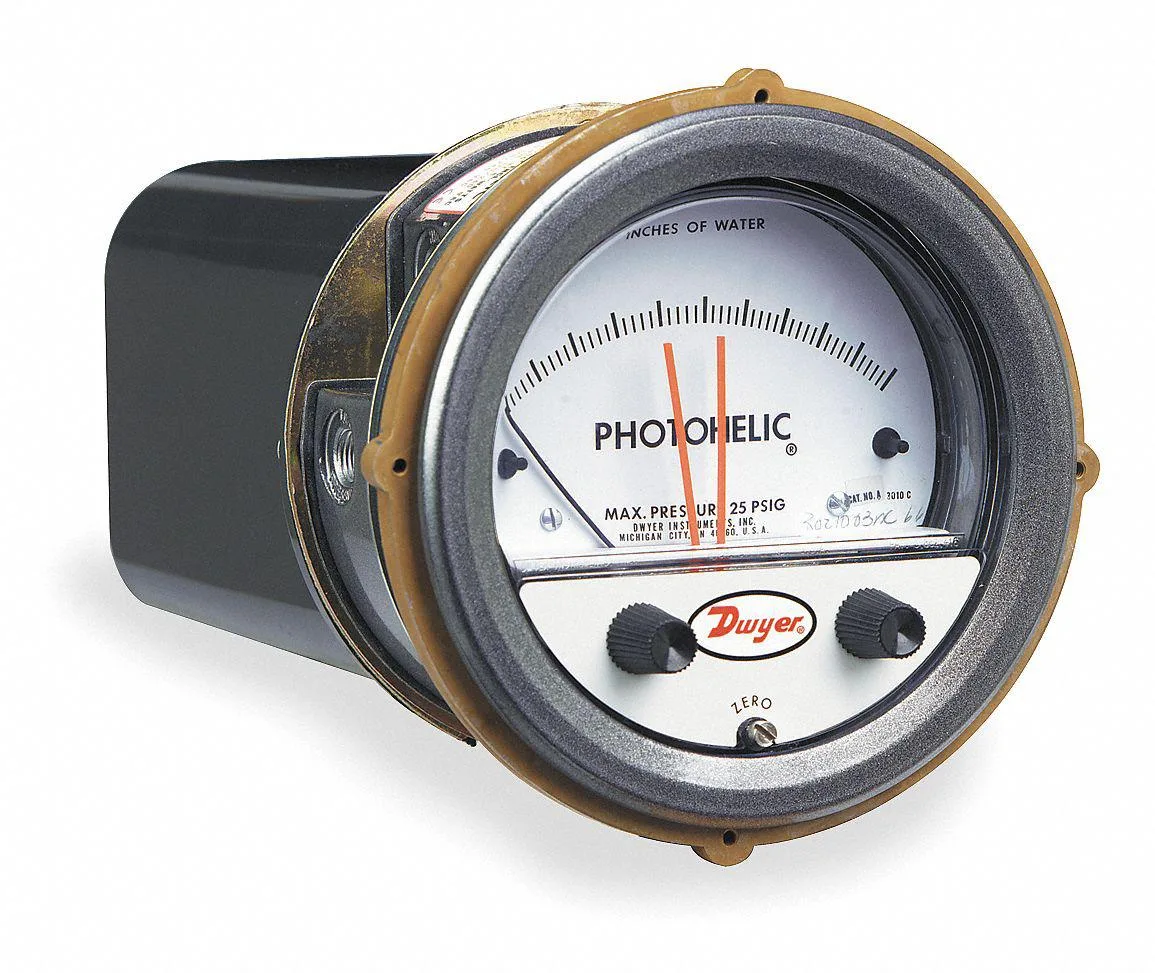 White rectangular differential pressure gage with 4-inch dial and 1/8 NPT connections