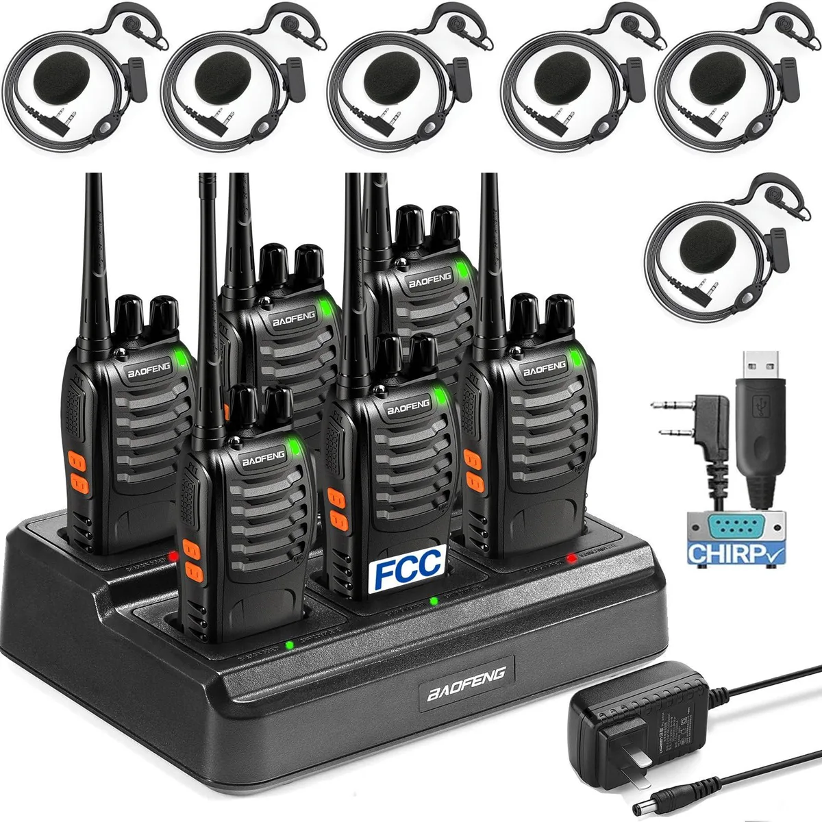 Six black handheld UHF radios in a six-slot desktop charger with earpieces and cables
