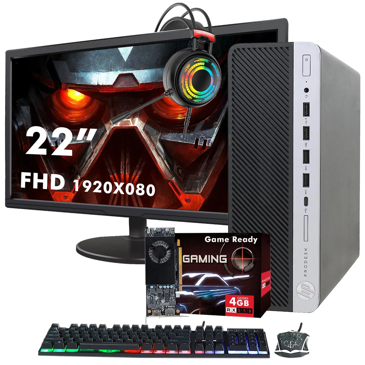 HP HP ProDesk 600 G3 SFF desktop PC, i5-6500, 16GB DDR4, 256GB SSD, RX 550, 22" monitor — product photo