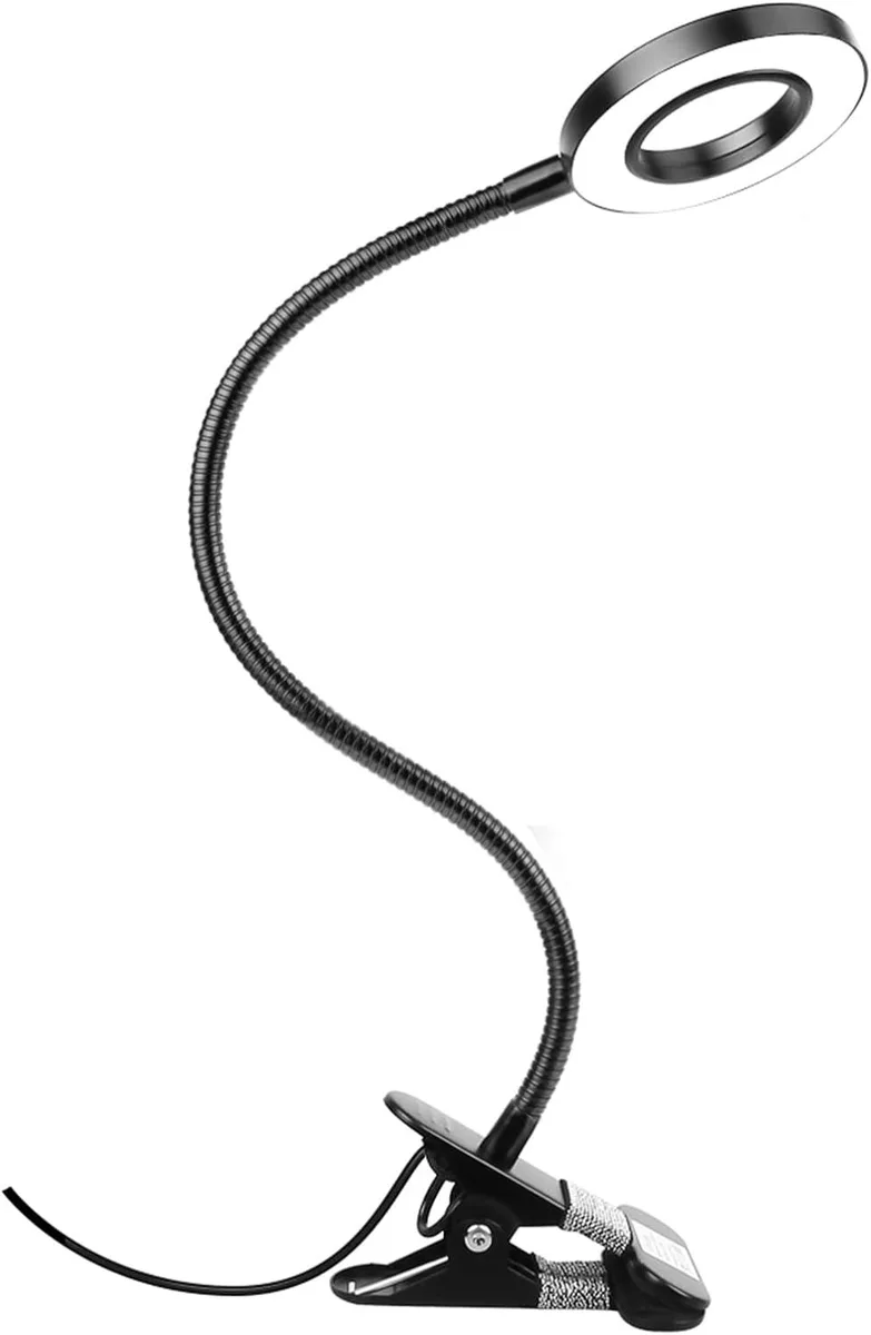 Clip-on desk lamp with flexible gooseneck and USB plug