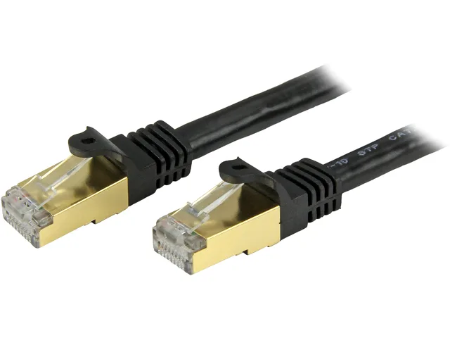 Black shielded Cat6a Ethernet patch cable with RJ45 connectors, 7 ft length