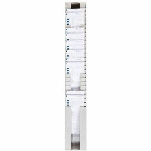 Light-grey plastic rack with 25 adjustable pockets for time cards