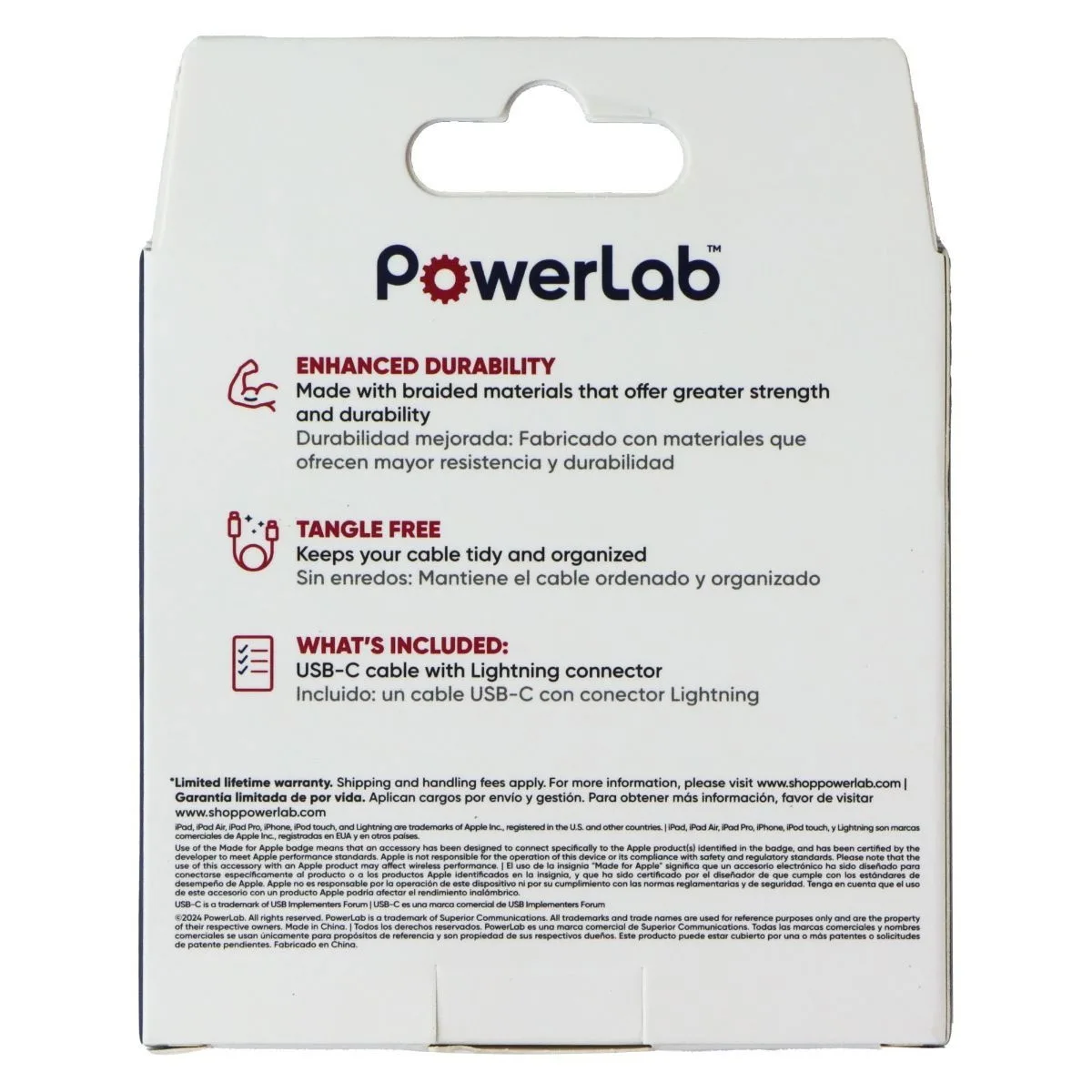 PowerLab PowerLab USB-C to Lightning 8-Pin Braided Cable 6 ft White — product photo