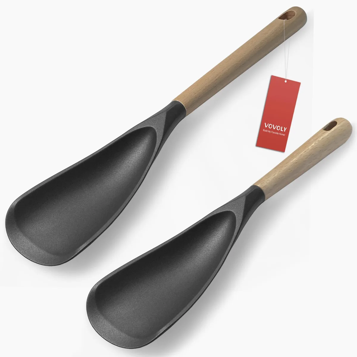 Two black silicone spoon spatulas with wooden handles, 13.4 and 11.4 inches