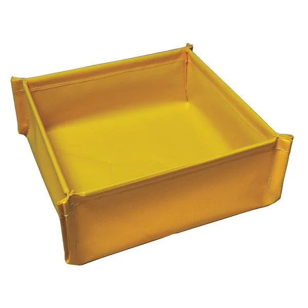 Yellow square PVC spill tray, 18 by 18 inches, 5 gallon capacity, foldable with utility tie
