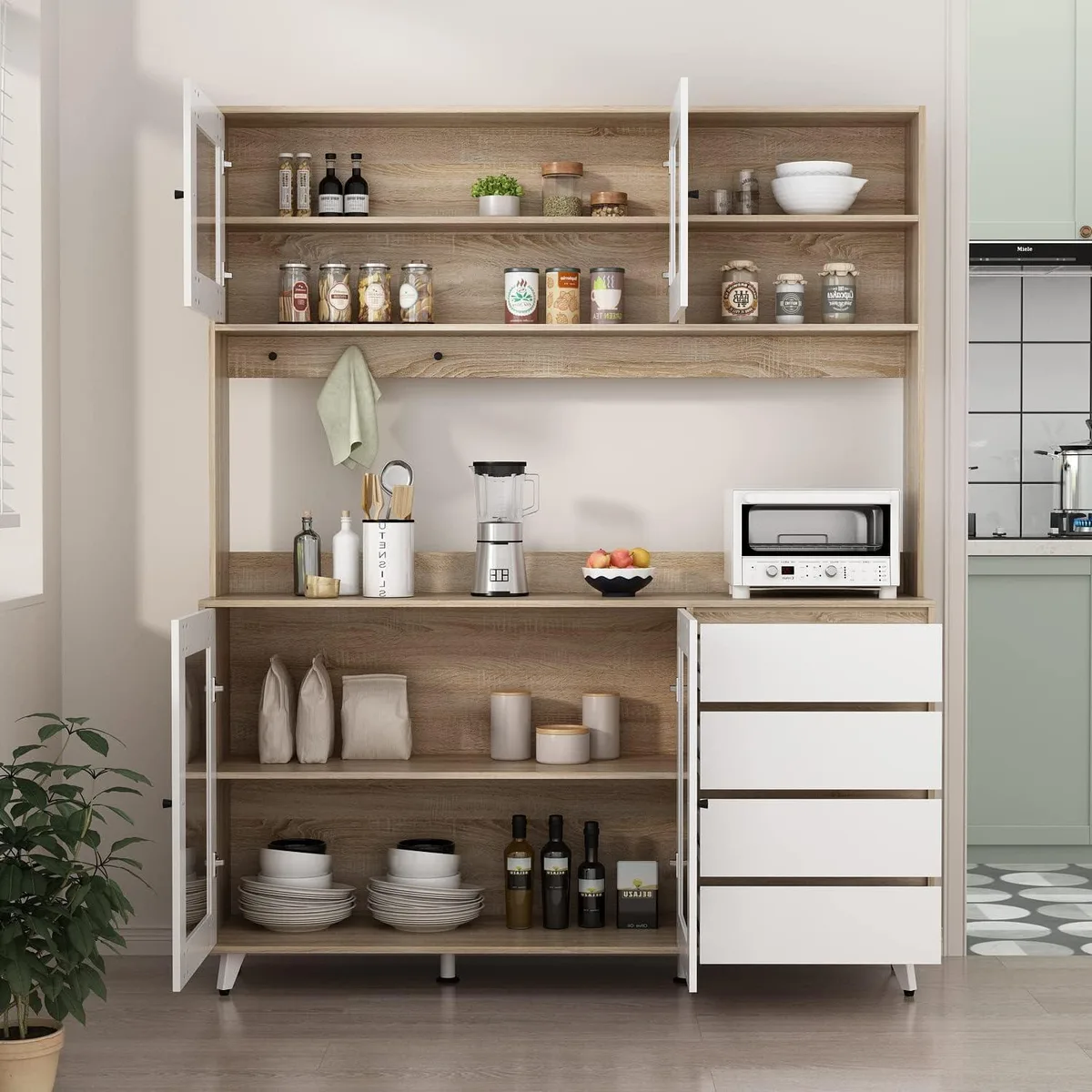 BFKK BFKK Large Kitchen Hutch Cabinet 63" W x 15.7" D x 74.8" H White/Oak storage — product photo