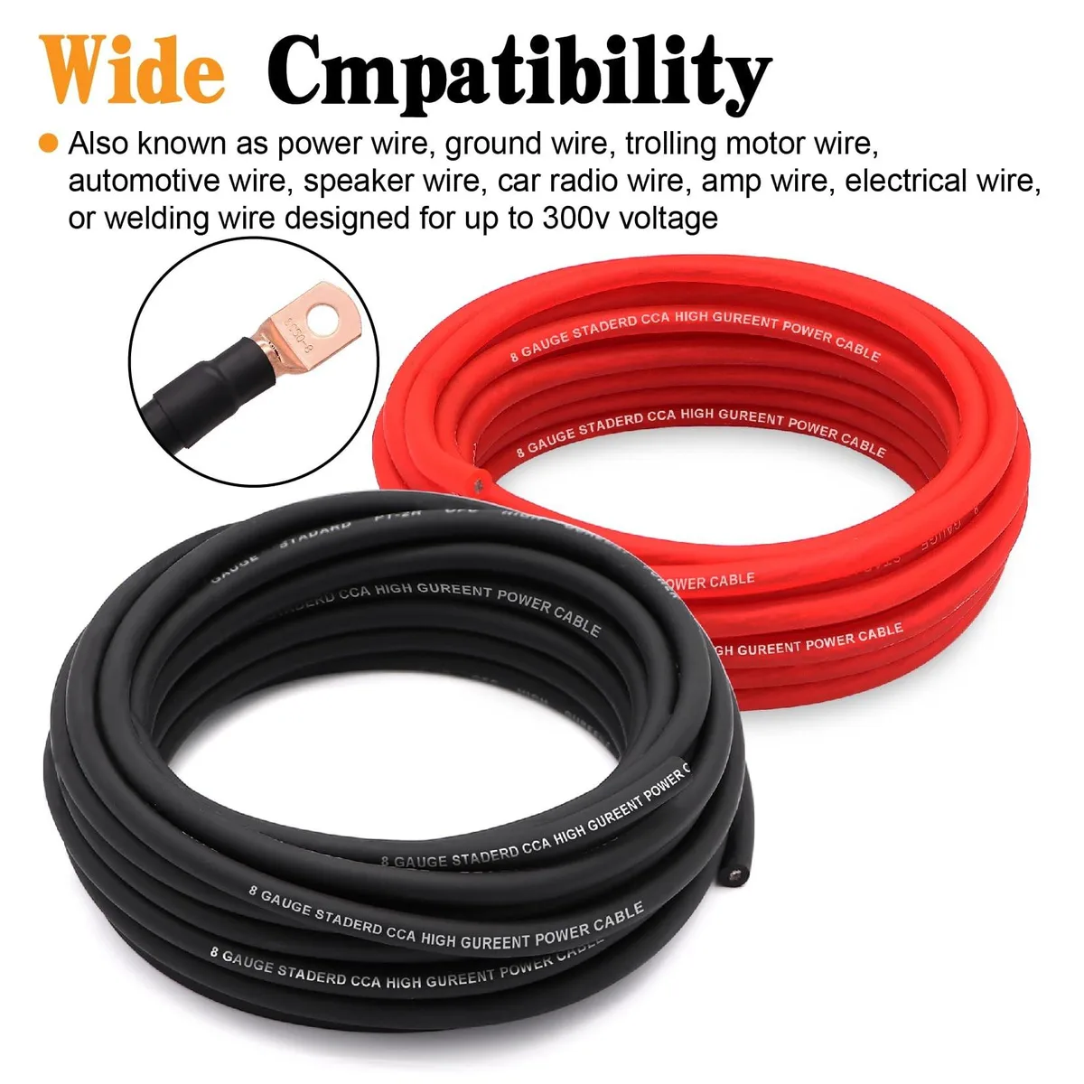 AOSU AOSU 8 AWG CCA speaker wire 50 ft kit with lugs fuse holder heat shrink — product photo