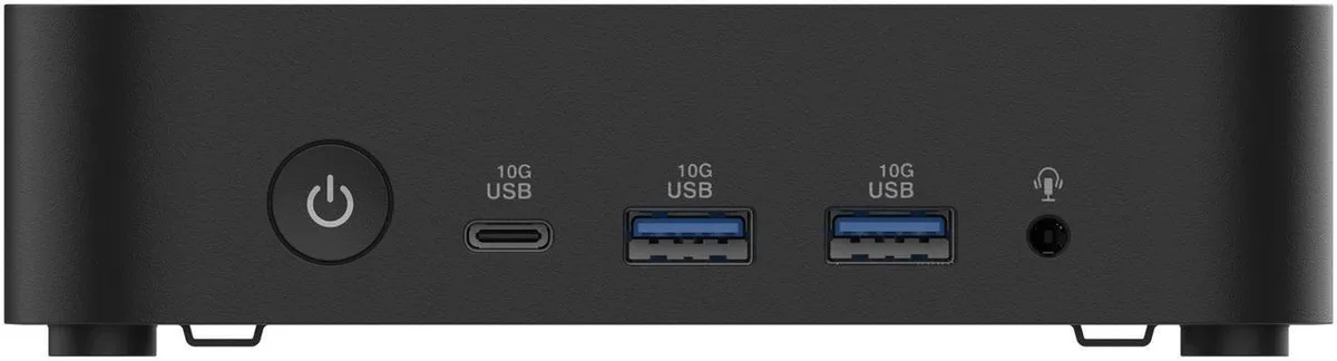 Small square black mini PC barebone with front ports and VESA mount holes