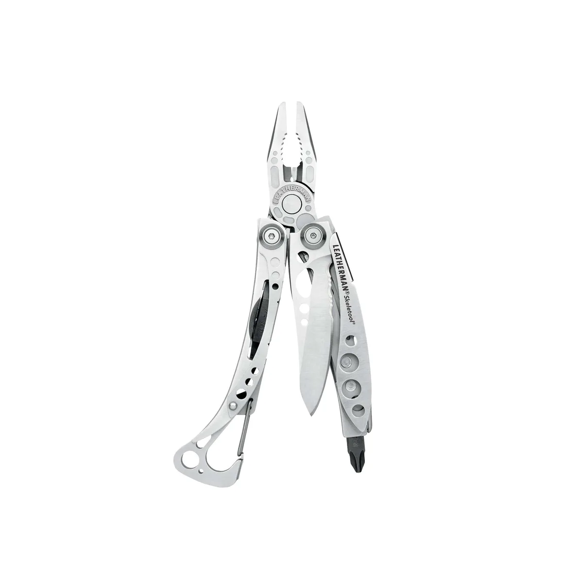 Stainless steel skeleton-frame multi-tool with pliers, knife blade, bit driver and carabiner clip, folded to four inches