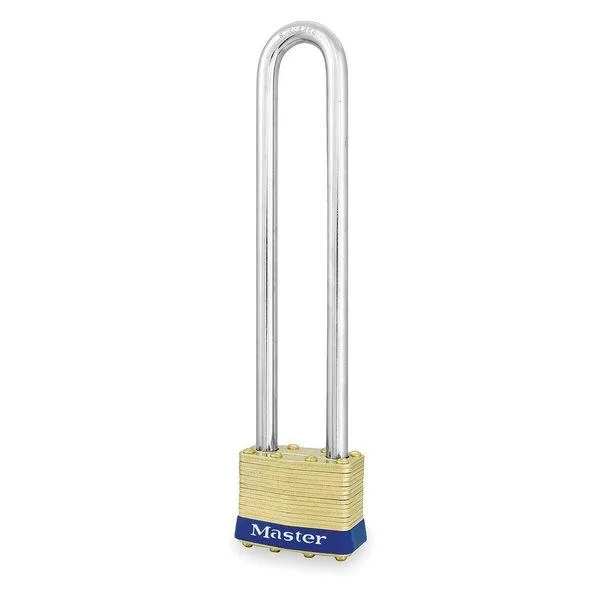 Gold brass rectangular padlock with tall steel shackle