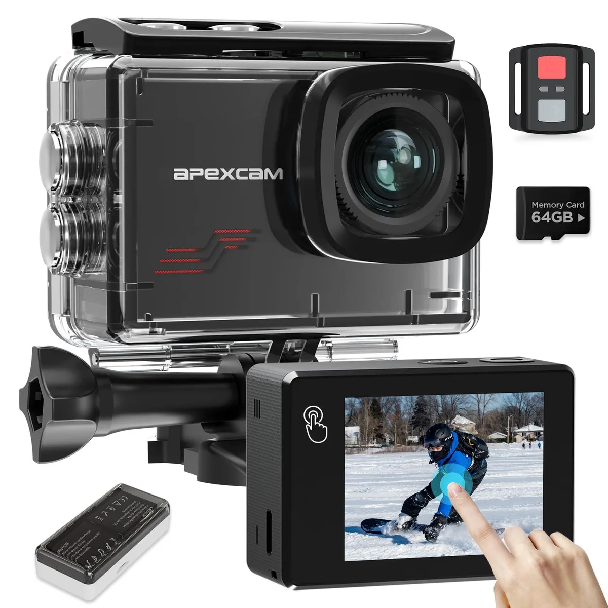  Apexcam M80PRO 4K 60FPS 64MP Touch Screen 131FT Waterproof WiFi 8X Zoom 64GB Card Video Capturing Device — product photo