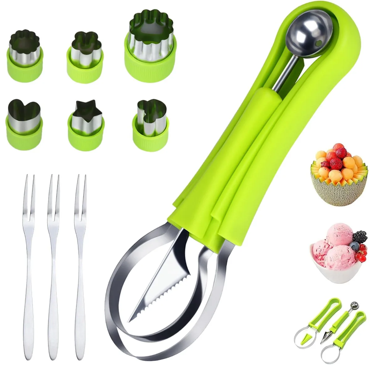 Twelve-piece stainless steel fruit cutter set with six shape cutters, melon baller