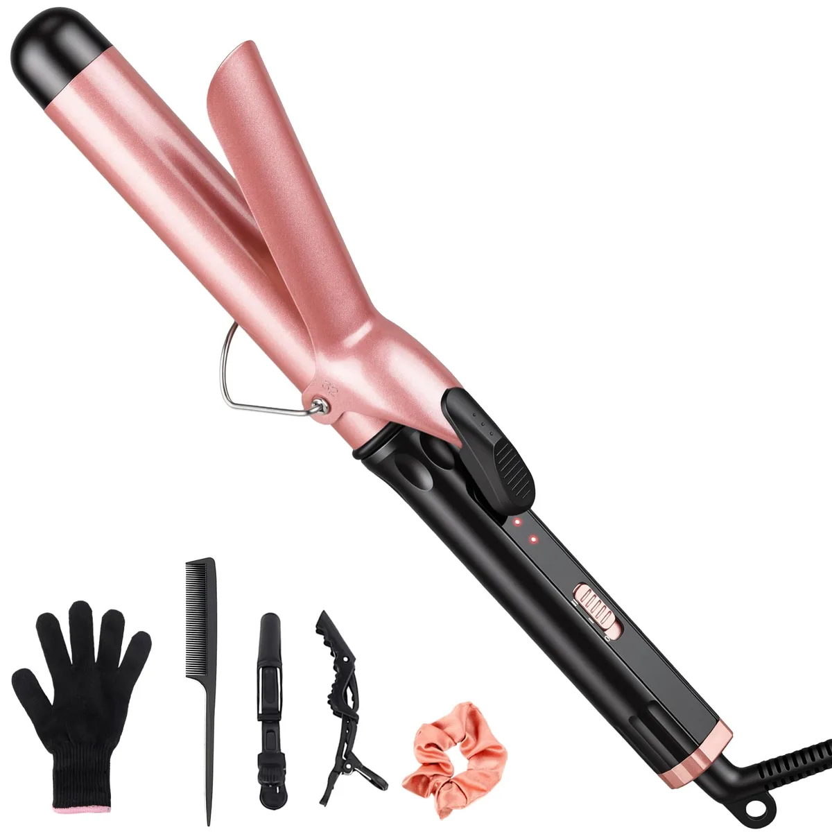 Black extra-long ceramic curling wand with 1 1/4-inch barrel and heat-resistant glove