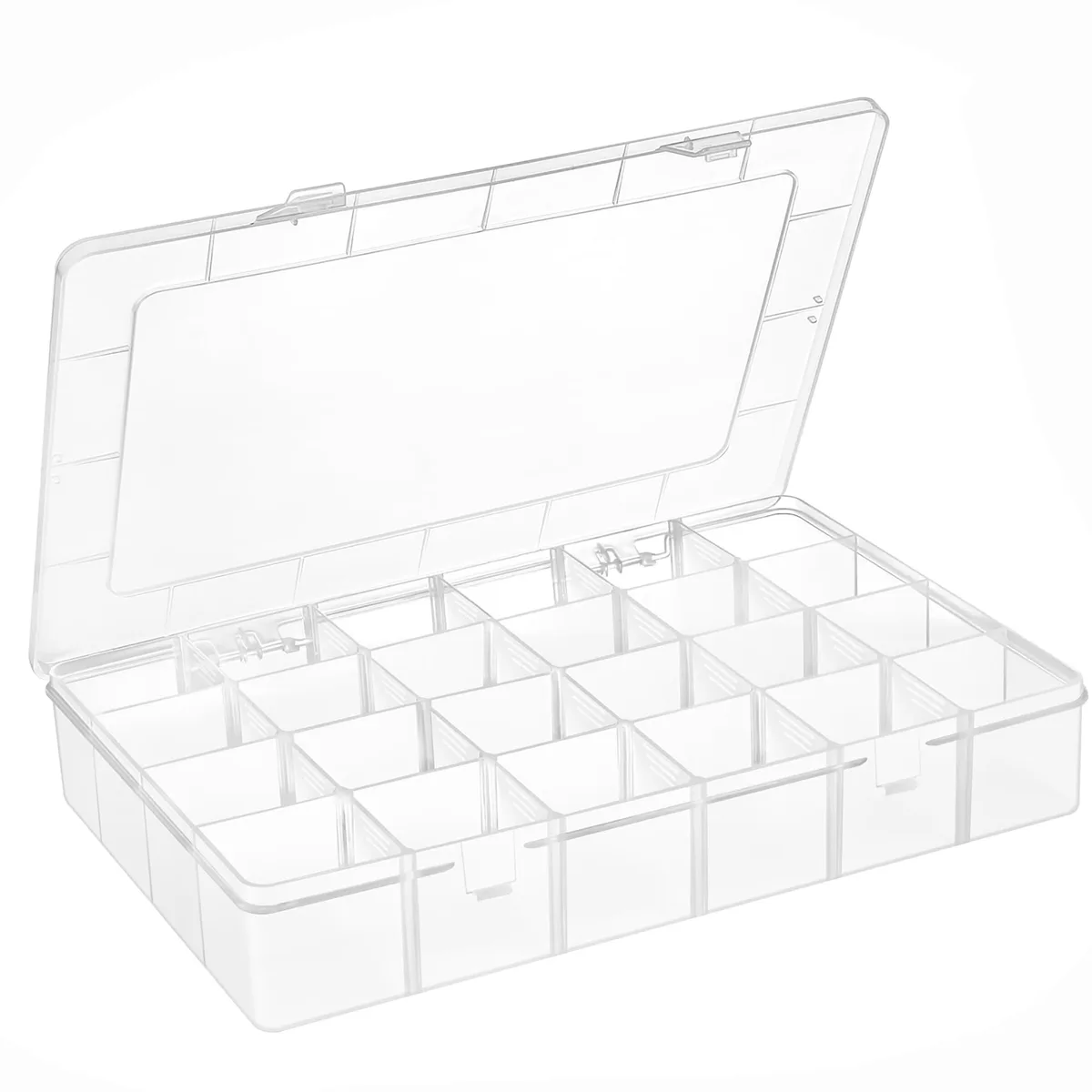 Clear plastic box with 24 adjustable compartments and 20 removable dividers