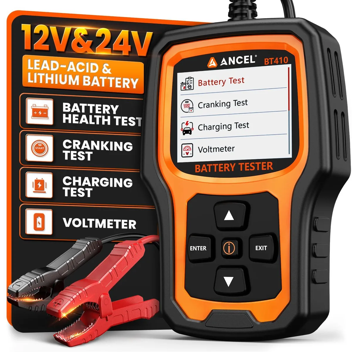 Handheld Ancel BT410 battery tester with LCD screen and clamps