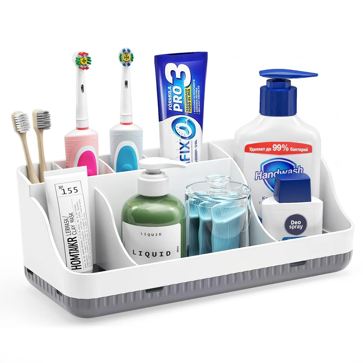 White plastic bathroom counter organiser with seven detachable slots and anti-slip base, 10.8 by 4.7 inches