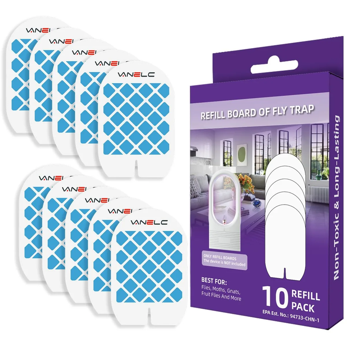 White rectangular glue boards in a pack of ten, each double sided with protective cover