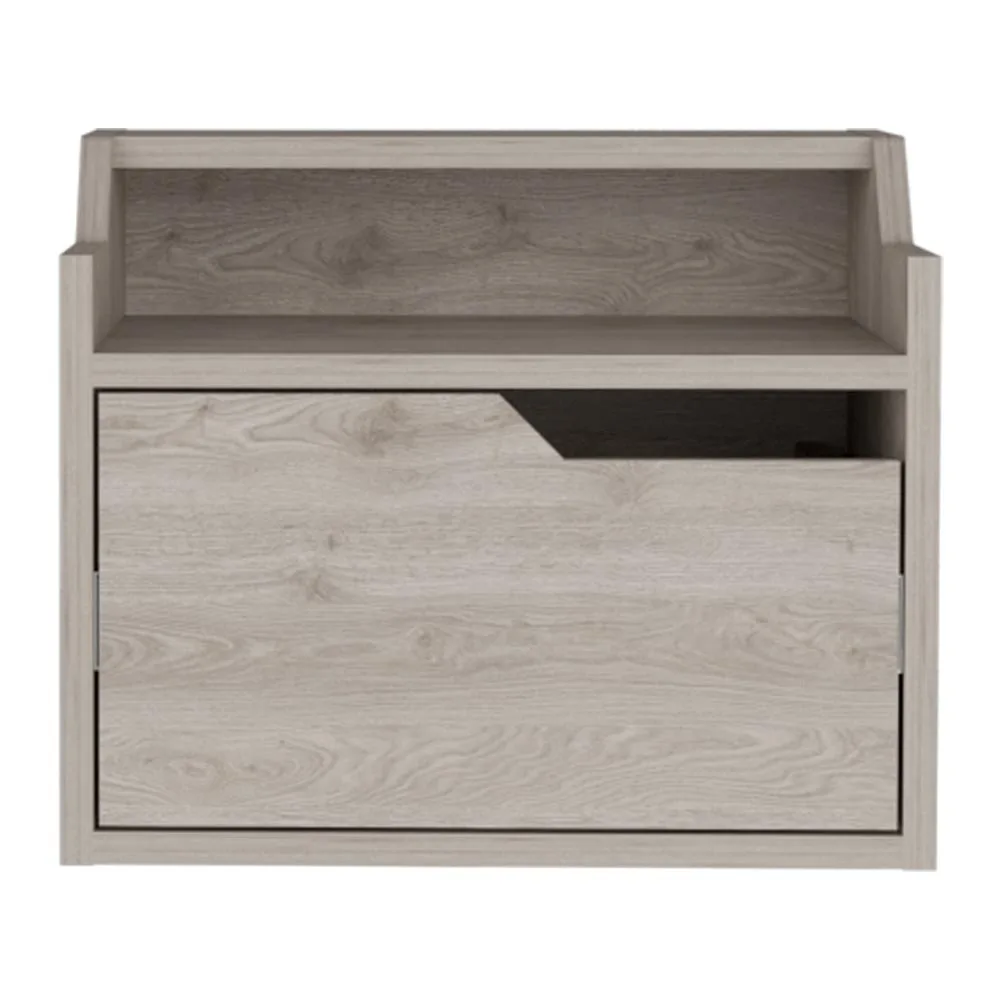 Wall-mounted light gray nightstand with drawer and dual-tier surface