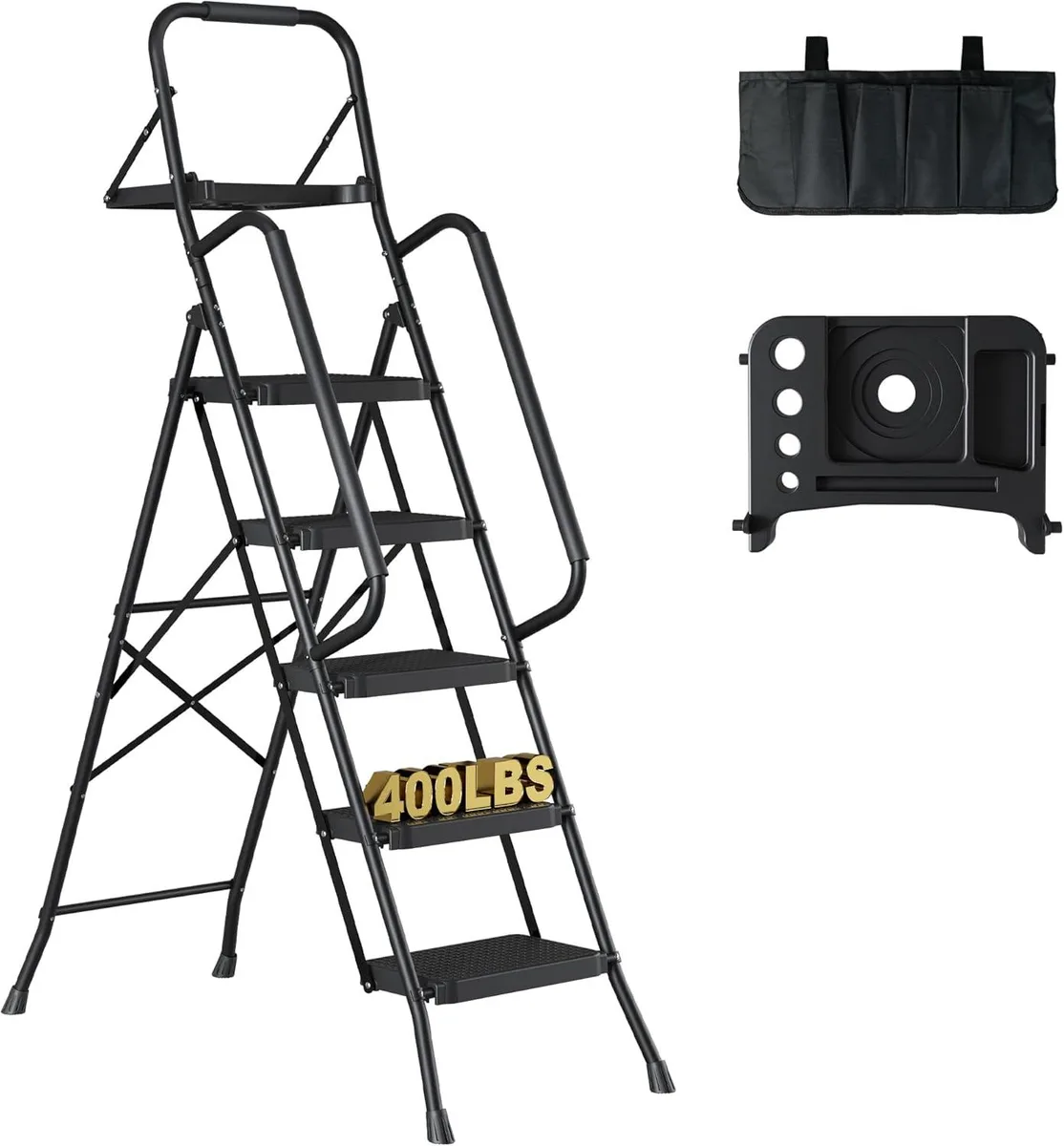 Black five-step steel ladder open with handrails, tool tray and bag attached