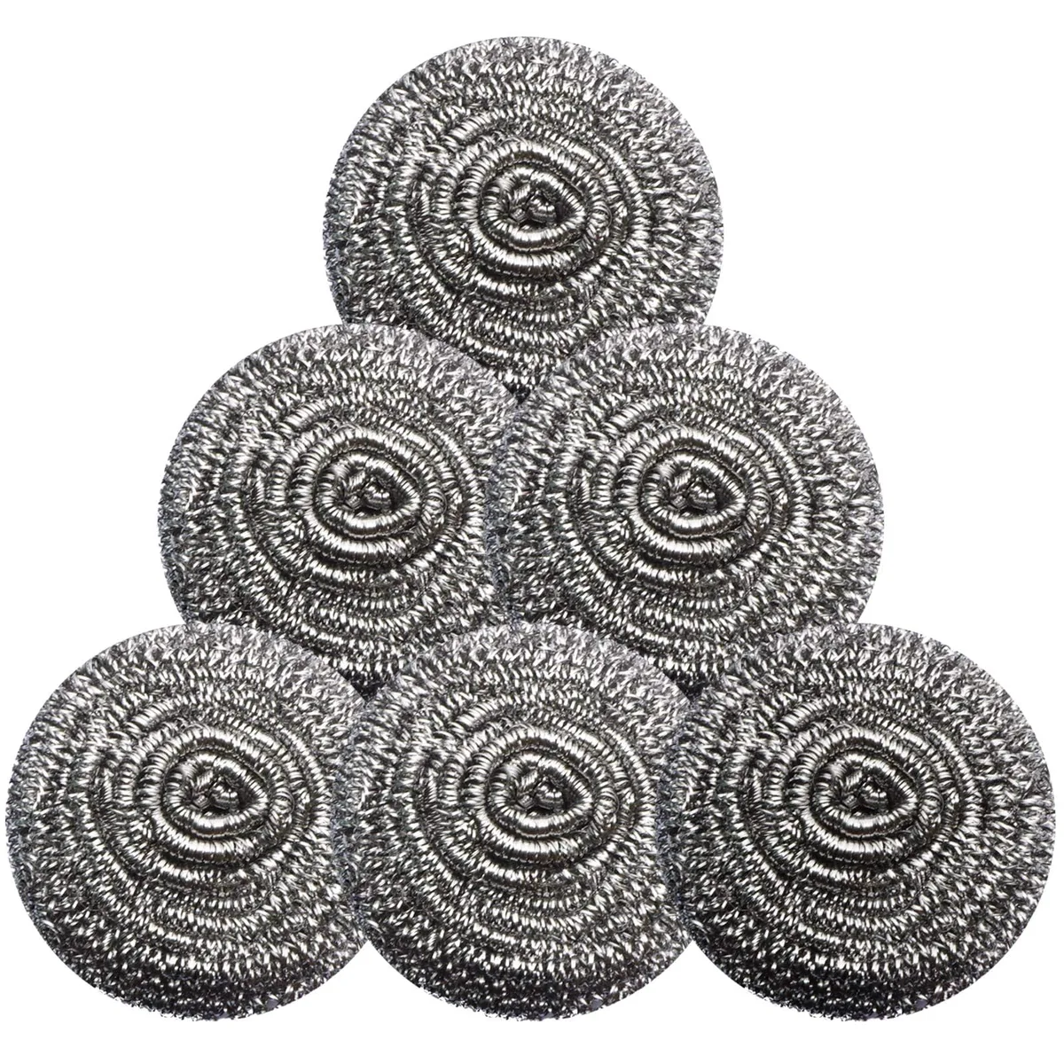 Six coiled stainless-steel scrubbers, 2.76 in diameter, silver metallic finish