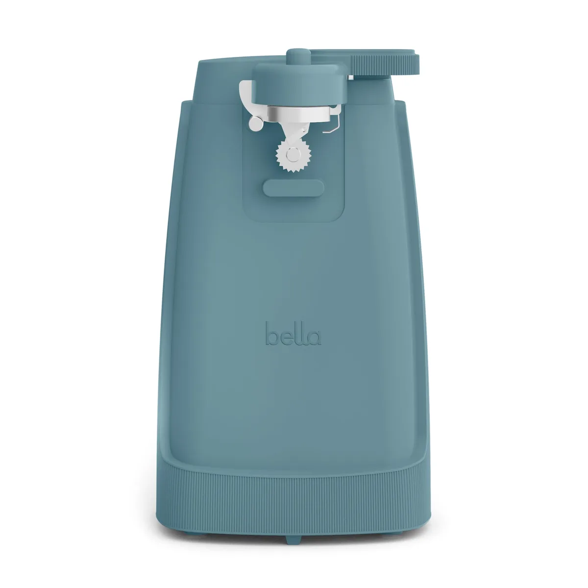 White electric can opener with knife sharpener, matte finish, removable lever, cord storage