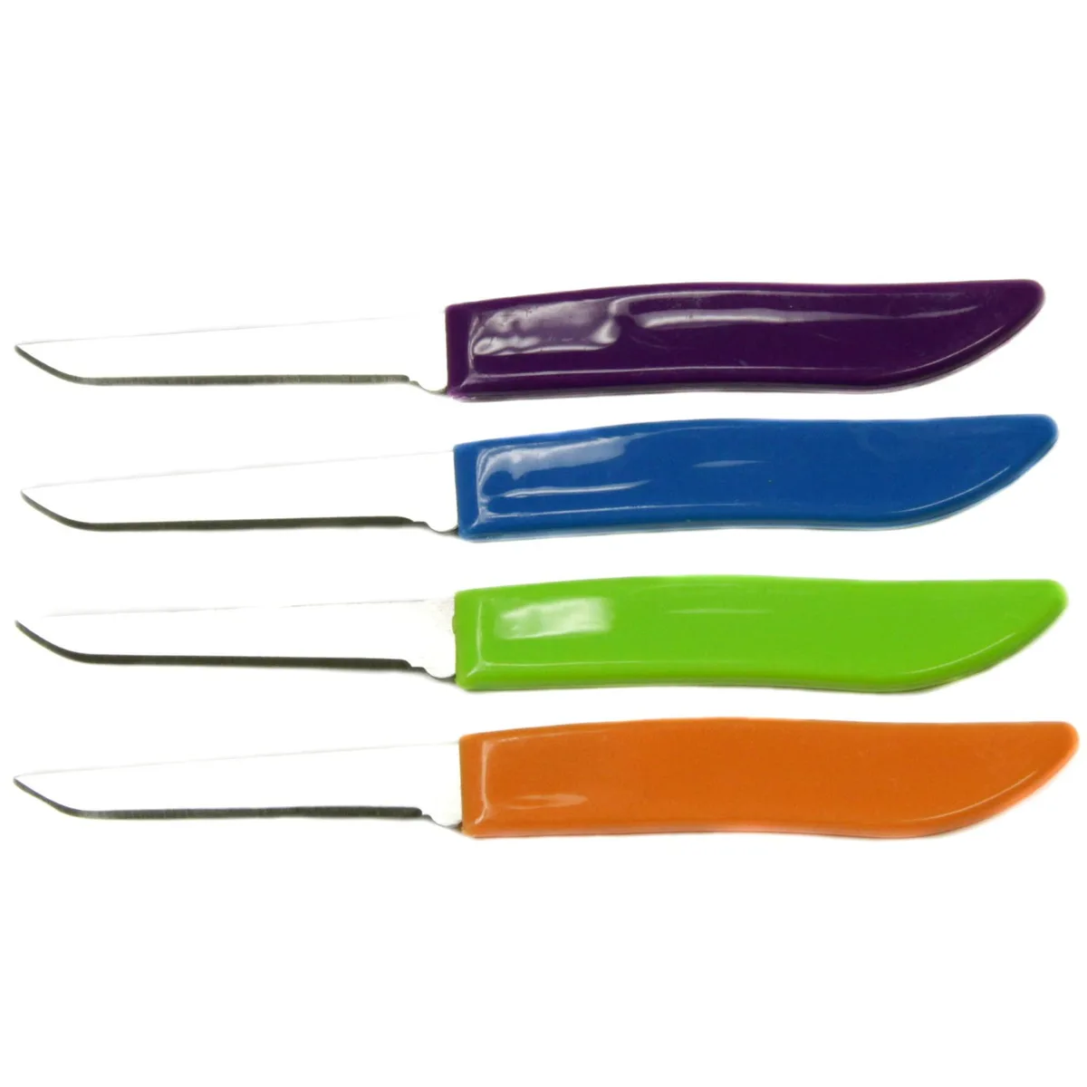 Four small stainless paring knives with coloured handles