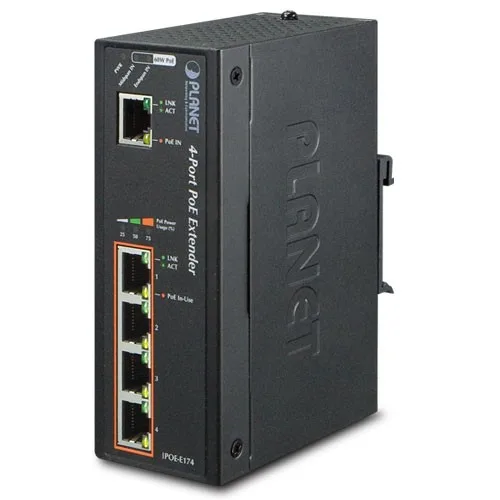 Black 5-port Gigabit PoE extender with RJ-45 ports