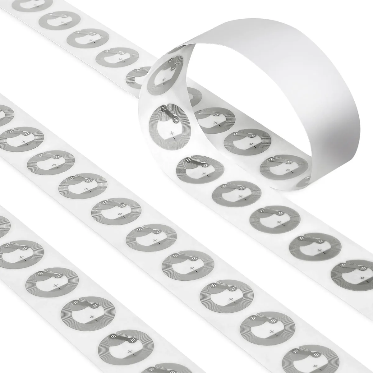 Fifty round silver NFC stickers on a roll, each 25 mm diameter with adhesive backing